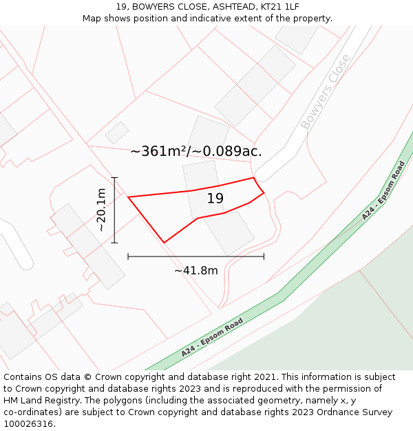 19, BOWYERS CLOSE, ASHTEAD, KT21 1LF: Plot and title map