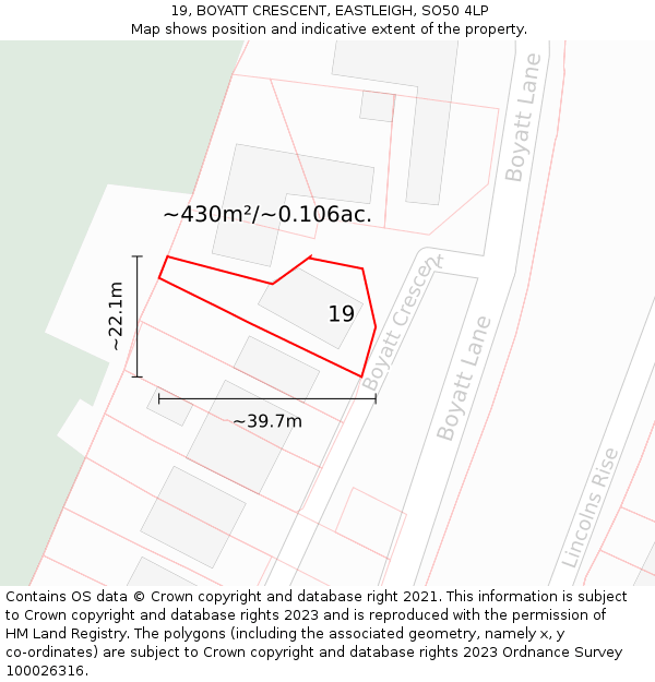 19, BOYATT CRESCENT, EASTLEIGH, SO50 4LP: Plot and title map