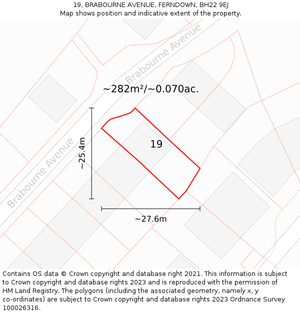 19, BRABOURNE AVENUE, FERNDOWN, BH22 9EJ: Plot and title map