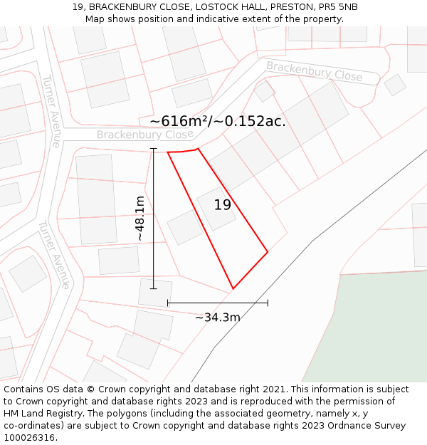 19, BRACKENBURY CLOSE, LOSTOCK HALL, PRESTON, PR5 5NB: Plot and title map