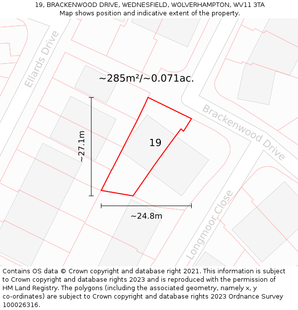 19, BRACKENWOOD DRIVE, WEDNESFIELD, WOLVERHAMPTON, WV11 3TA: Plot and title map