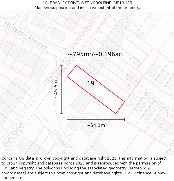 19, BRADLEY DRIVE, SITTINGBOURNE, ME10 1RB: Plot and title map