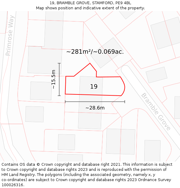 19, BRAMBLE GROVE, STAMFORD, PE9 4BL: Plot and title map