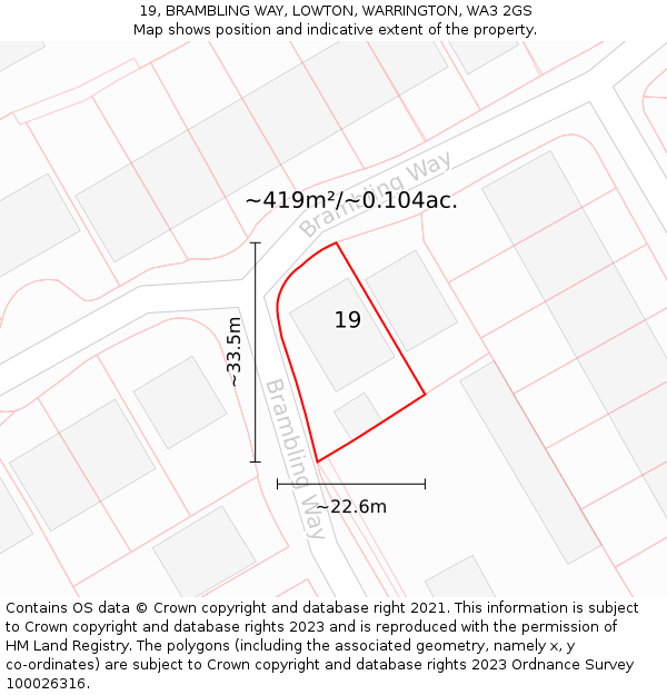 19, BRAMBLING WAY, LOWTON, WARRINGTON, WA3 2GS: Plot and title map