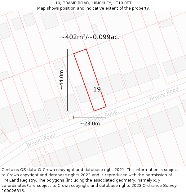 19, BRAME ROAD, HINCKLEY, LE10 0ET: Plot and title map