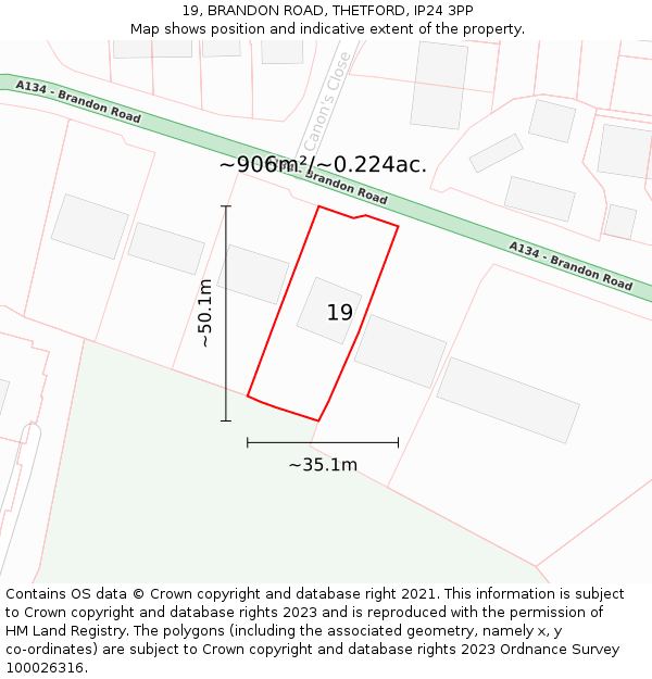 19, BRANDON ROAD, THETFORD, IP24 3PP: Plot and title map