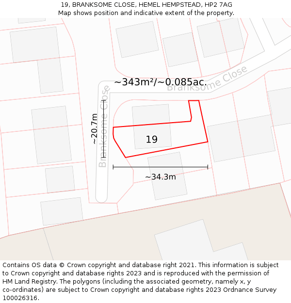 19, BRANKSOME CLOSE, HEMEL HEMPSTEAD, HP2 7AG: Plot and title map