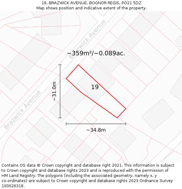 19, BRAZWICK AVENUE, BOGNOR REGIS, PO21 5DZ: Plot and title map