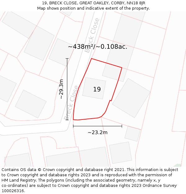 19, BRECK CLOSE, GREAT OAKLEY, CORBY, NN18 8JR: Plot and title map