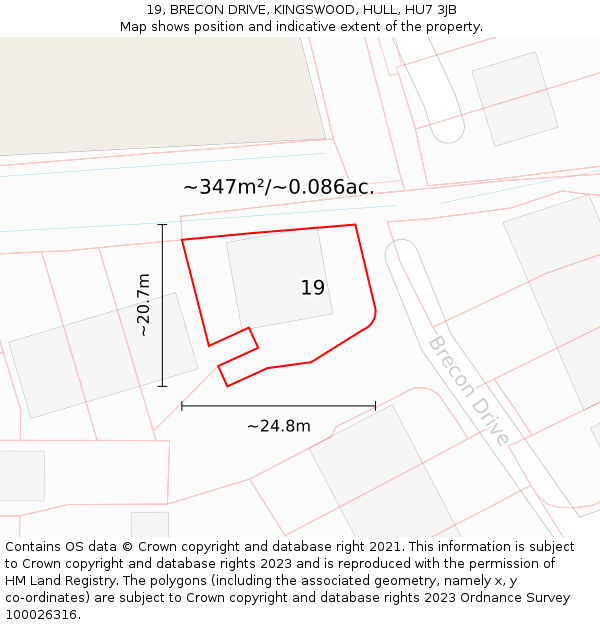 19, BRECON DRIVE, KINGSWOOD, HULL, HU7 3JB: Plot and title map