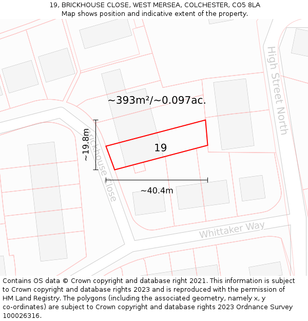 19, BRICKHOUSE CLOSE, WEST MERSEA, COLCHESTER, CO5 8LA: Plot and title map