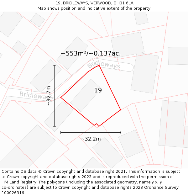 19, BRIDLEWAYS, VERWOOD, BH31 6LA: Plot and title map