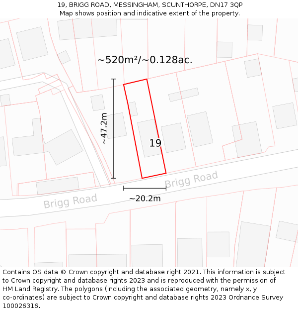 19, BRIGG ROAD, MESSINGHAM, SCUNTHORPE, DN17 3QP: Plot and title map