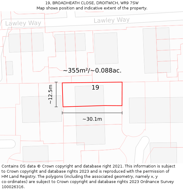 19, BROADHEATH CLOSE, DROITWICH, WR9 7SW: Plot and title map