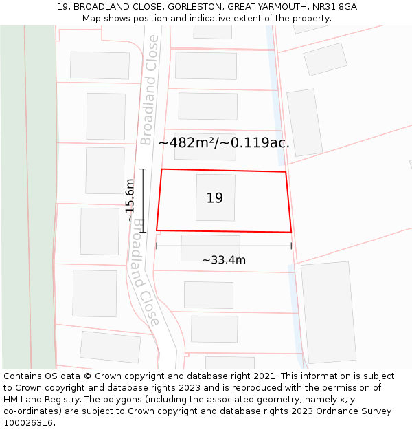 19, BROADLAND CLOSE, GORLESTON, GREAT YARMOUTH, NR31 8GA: Plot and title map