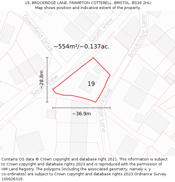 19, BROCKRIDGE LANE, FRAMPTON COTTERELL, BRISTOL, BS36 2HU: Plot and title map