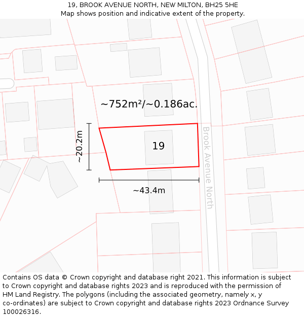 19, BROOK AVENUE NORTH, NEW MILTON, BH25 5HE: Plot and title map