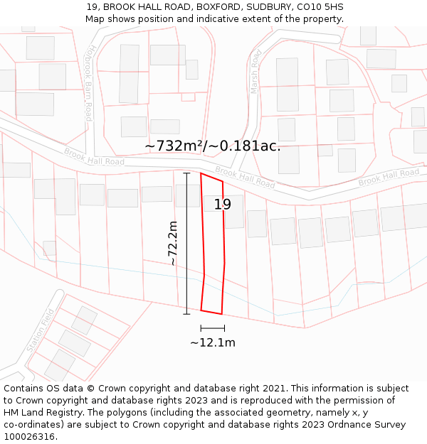 19, BROOK HALL ROAD, BOXFORD, SUDBURY, CO10 5HS: Plot and title map