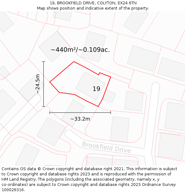 19, BROOKFIELD DRIVE, COLYTON, EX24 6TN: Plot and title map