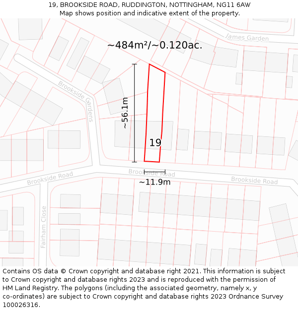 19, BROOKSIDE ROAD, RUDDINGTON, NOTTINGHAM, NG11 6AW: Plot and title map