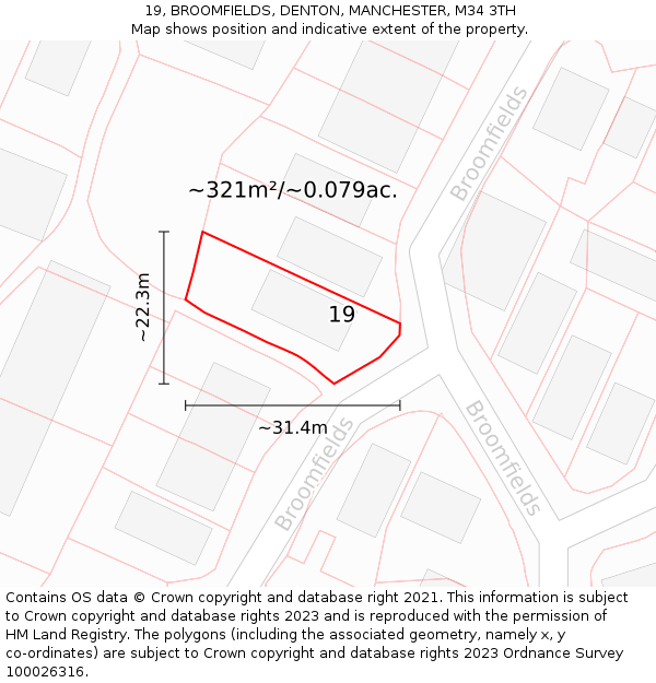 19, BROOMFIELDS, DENTON, MANCHESTER, M34 3TH: Plot and title map