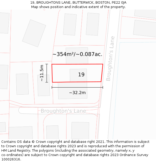 19, BROUGHTONS LANE, BUTTERWICK, BOSTON, PE22 0JA: Plot and title map