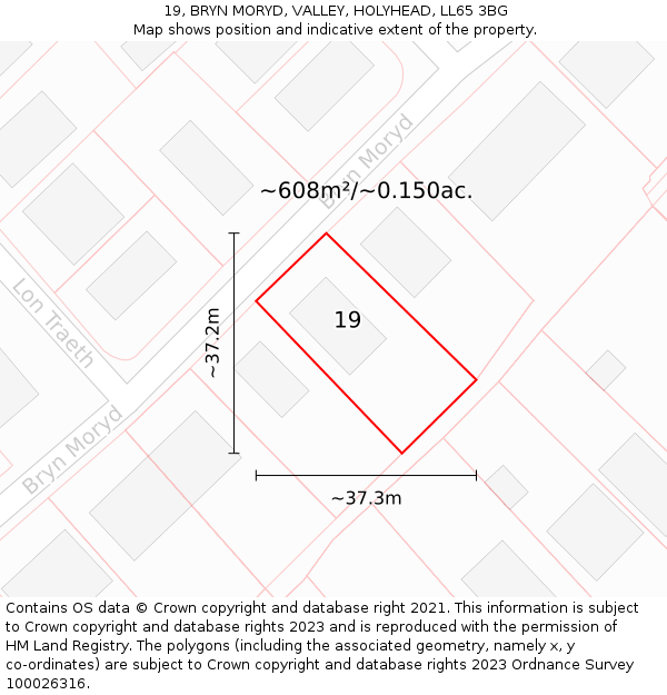 19, BRYN MORYD, VALLEY, HOLYHEAD, LL65 3BG: Plot and title map