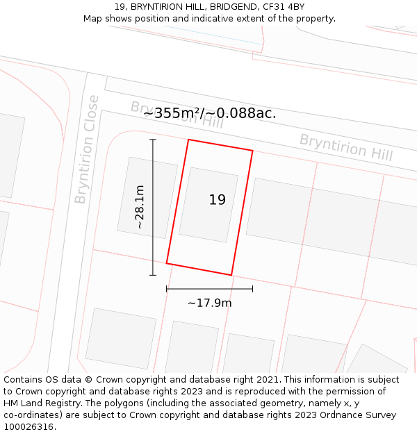19, BRYNTIRION HILL, BRIDGEND, CF31 4BY: Plot and title map