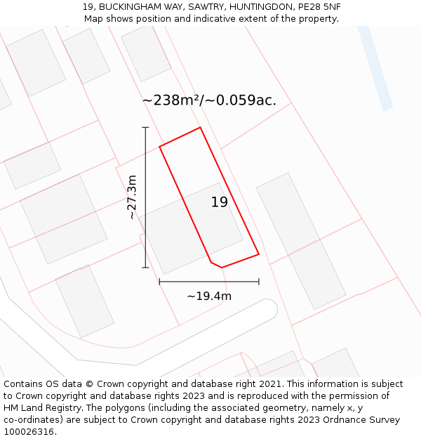 19, BUCKINGHAM WAY, SAWTRY, HUNTINGDON, PE28 5NF: Plot and title map