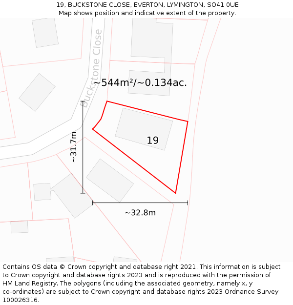 19, BUCKSTONE CLOSE, EVERTON, LYMINGTON, SO41 0UE: Plot and title map