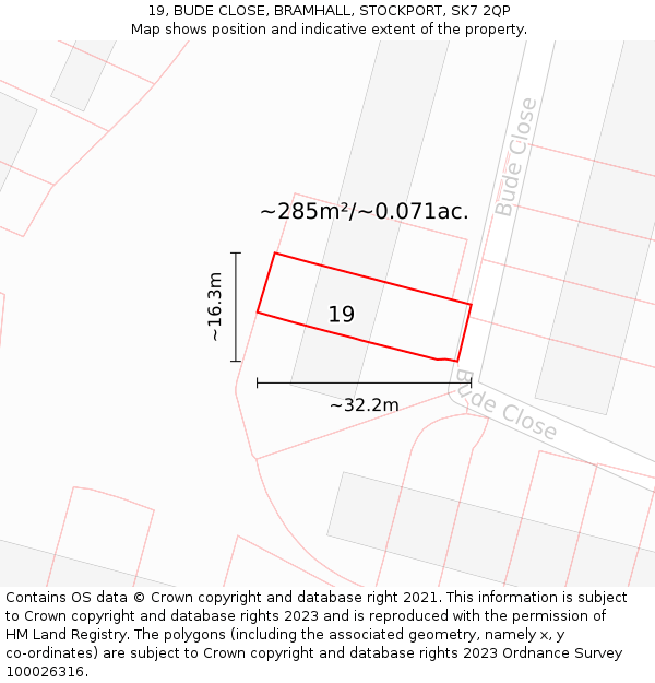 19, BUDE CLOSE, BRAMHALL, STOCKPORT, SK7 2QP: Plot and title map