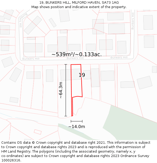 19, BUNKERS HILL, MILFORD HAVEN, SA73 1AG: Plot and title map