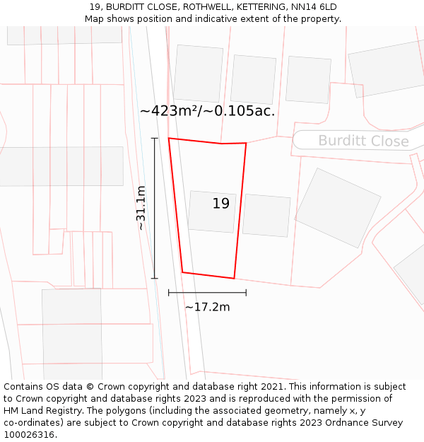 19, BURDITT CLOSE, ROTHWELL, KETTERING, NN14 6LD: Plot and title map