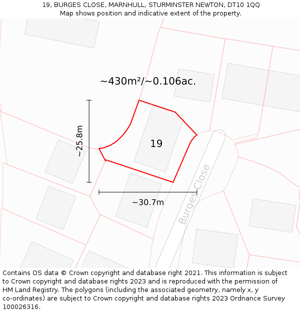 19, BURGES CLOSE, MARNHULL, STURMINSTER NEWTON, DT10 1QQ: Plot and title map