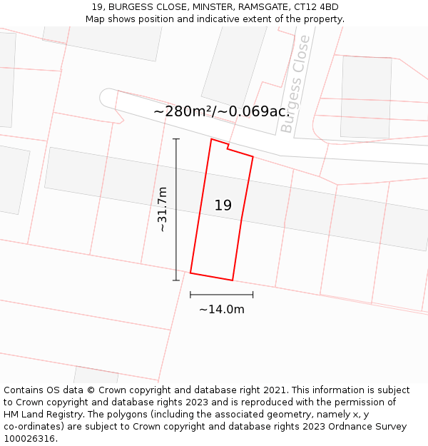 19, BURGESS CLOSE, MINSTER, RAMSGATE, CT12 4BD: Plot and title map