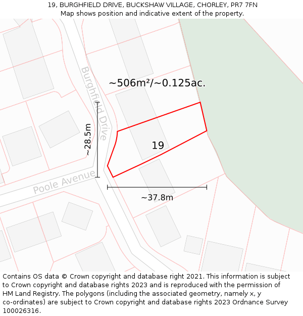 19, BURGHFIELD DRIVE, BUCKSHAW VILLAGE, CHORLEY, PR7 7FN: Plot and title map