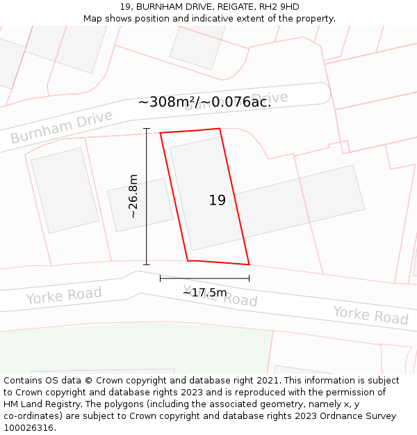 19, BURNHAM DRIVE, REIGATE, RH2 9HD: Plot and title map