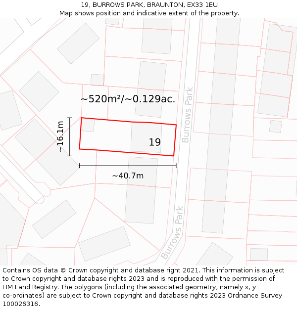 19, BURROWS PARK, BRAUNTON, EX33 1EU: Plot and title map