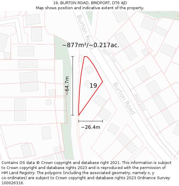 19, BURTON ROAD, BRIDPORT, DT6 4JD: Plot and title map