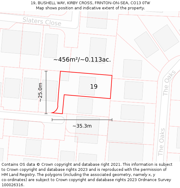 19, BUSHELL WAY, KIRBY CROSS, FRINTON-ON-SEA, CO13 0TW: Plot and title map