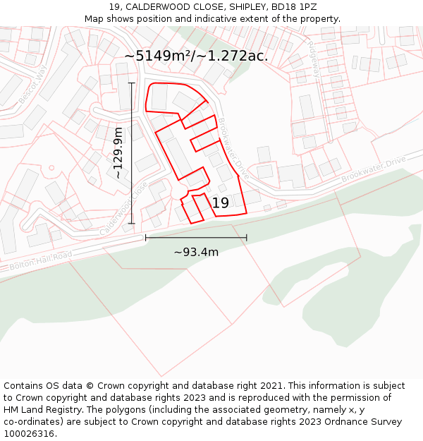 19, CALDERWOOD CLOSE, SHIPLEY, BD18 1PZ: Plot and title map