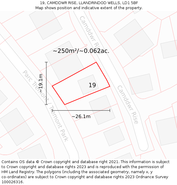 19, CAMDDWR RISE, LLANDRINDOD WELLS, LD1 5BF: Plot and title map