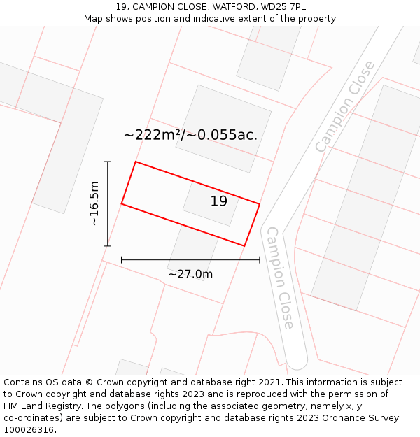 19, CAMPION CLOSE, WATFORD, WD25 7PL: Plot and title map