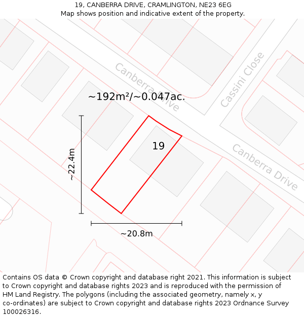 19, CANBERRA DRIVE, CRAMLINGTON, NE23 6EG: Plot and title map