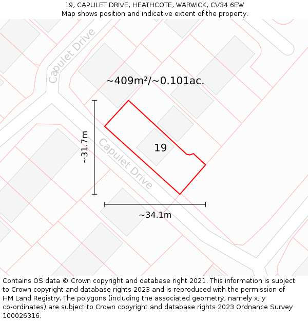 19, CAPULET DRIVE, HEATHCOTE, WARWICK, CV34 6EW: Plot and title map