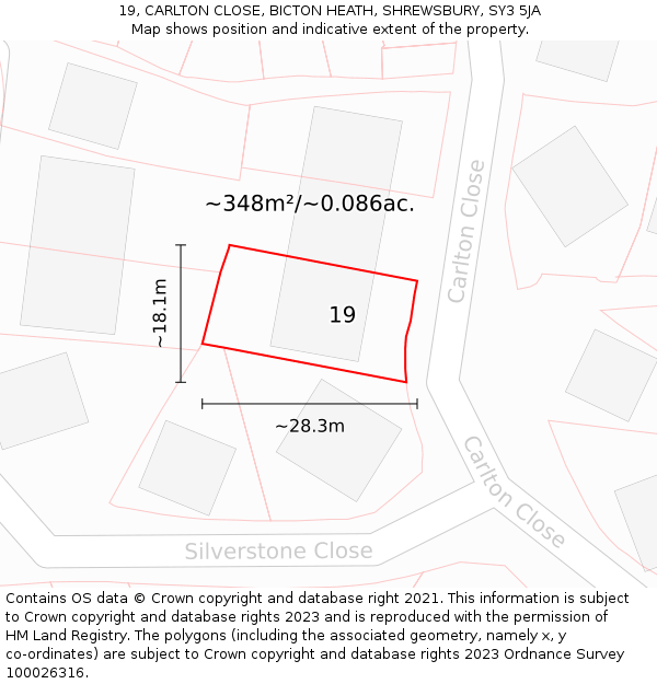 19, CARLTON CLOSE, BICTON HEATH, SHREWSBURY, SY3 5JA: Plot and title map