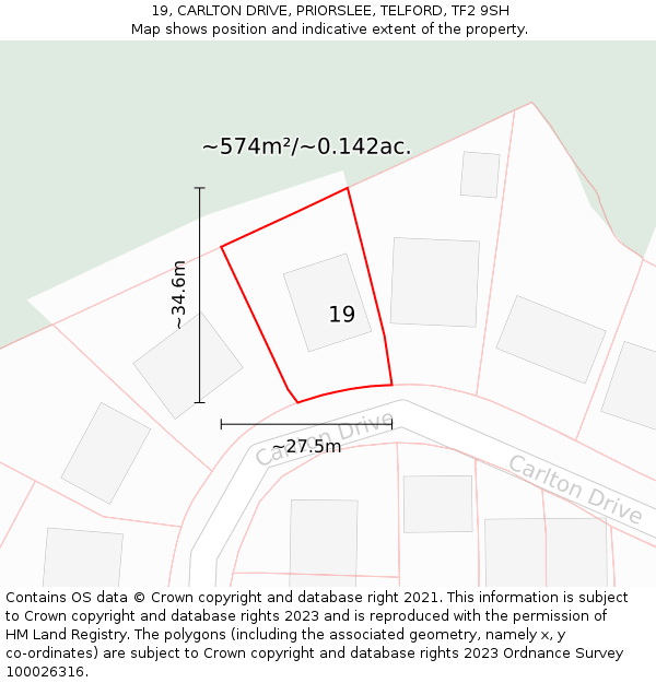 19, CARLTON DRIVE, PRIORSLEE, TELFORD, TF2 9SH: Plot and title map