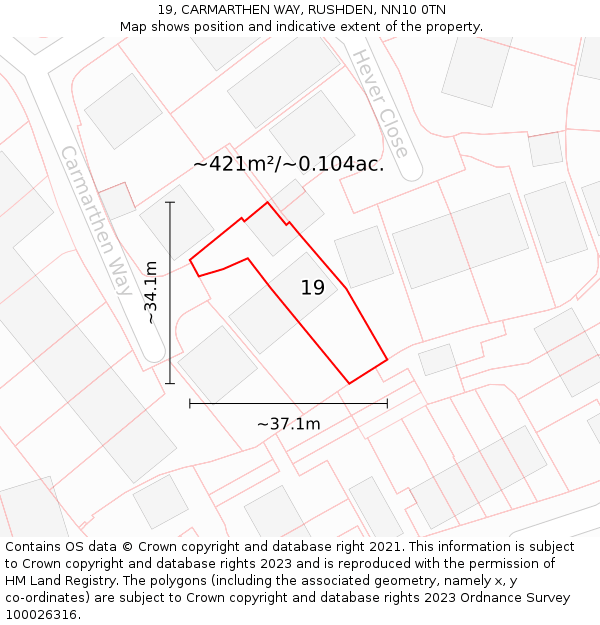 19, CARMARTHEN WAY, RUSHDEN, NN10 0TN: Plot and title map
