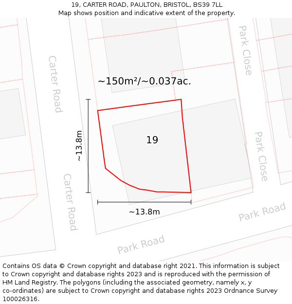 19, CARTER ROAD, PAULTON, BRISTOL, BS39 7LL: Plot and title map