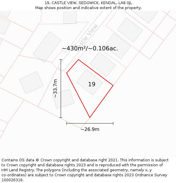 19, CASTLE VIEW, SEDGWICK, KENDAL, LA8 0JL: Plot and title map